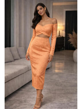 Atoir 2 Piece Set Size 4 Peach Textured Crop Top Midi Skirt Set NWOT Matching